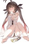  1girl absurdres alternate_costume barefoot blush breasts brown_hair closed_mouth dancer embarrassed full_body girls&#039;_frontline highres lemures looking_at_viewer m14_(girls&#039;_frontline) multicolored_hair sitting soles solo twintails yellow_eyes 