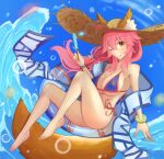  1girl animal_ear_fluff animal_ears bikini blue_bikini blush breasts cleavage ears_through_headwear fate/grand_order fate_(series) fox_ears fox_girl fox_print fox_tail hat highres ice innertube kapi-san large_breasts long_hair looking_at_viewer ocean one_eyes_closed outdoors pink_hair side-tie_bikini_bottom straw_hat swim_ring swimsuit tail tamamo_(fate) tamamo_no_mae_(swimsuit_lancer)_(fate) tongue water yellow_eyes 