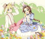  1boy 1girl aerith_gainsborough_(classic_coney) alternate_costume animal_ears blonde_hair blue_choker blue_dress blue_eyes blush bow braid braided_ponytail brown_footwear brown_hair chocobo choker dress easter easter_egg egg final_fantasy final_fantasy_vii final_fantasy_vii_ever_crisis flower full_body gloves green_background green_eyes hair_flower hair_ornament half_gloves hat jo_ro_ri juliet_sleeves kneeling long_dress long_sleeves mini_hat official_alternate_costume open_mouth pants parted_bangs pink_bow pink_pants puffy_sleeves rabbit_boy rabbit_ears rabbit_girl ribbon_choker shirt short_hair sidelocks single_braid sitting smile spiked_hair striped_clothes striped_pants suspenders twitter_username white_gloves white_shirt 