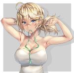  1girl adjusting_hair blonde_hair blue_eyes breasts cleavage earrings hair_between_eyes hair_ornament hairclip jewelry kantai_collection kokuzou large_breasts looking_at_viewer medium_hair mouth_hold solo strapless stud_earrings tuscaloosa_(kancolle) upper_body 