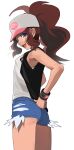  1girl :d absurdres arm_behind_back black_vest black_wristband blue_eyes blue_shorts brown_hair clip_studio_paint_(medium) commentary_request eudetenis exposed_pocket happy high_ponytail highres hilda_(pokemon) looking_down open_clothes open_mouth open_vest poke_ball_print pokemon pokemon_bw shirt short_shorts shorts sidelocks simple_background sleeveless sleeveless_shirt smile solo teeth thighs upper_teeth_only vest white_background white_shirt 