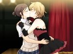  2girls ??????? ???????? brown_hair character_request dress embrace game_cg hair_ornament hairclip hug kiss liar-soft lights love multiple_girls okujou_no_yurirei-san school_uniform short_hair skirt stage yuri 