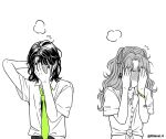  2girls arm_up blush collared_shirt commentary ear_piercing earrings embarrassed english_commentary flying_sweatdrops green_necktie greyscale hand_on_own_face hand_on_own_head hoop_earrings jewelry kimsei kininatteru_hito_ga_otoko_ja_nakatta koga_mitsuki long_hair loose_necktie medium_hair monochrome multiple_girls nail_polish necktie oosawa_aya piercing shirt short_sleeves spot_color steaming_body unbuttoned unbuttoned_shirt upper_body wavy_hair white_background yuri 