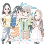  4girls absurdres aoba_kokona backpack bag black_hair closed_eyes dress glasses grey_hair highres hug jacket kuraue_hinata long_hair looking_at_viewer multiple_girls open_mouth saitou_kaede_(yama_no_susume) shinkun_(natsume_so) short_hair skirt smile twintails yama_no_susume yukimura_aoi 