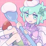  1boy alternate_costume basil_(headspace)_(omori) basil_(omori) blush green_eyes green_hair holding holding_spoon looking_at_viewer omori open_mouth short_hair sitting socks solo spoon sr_ld_fr white_socks 