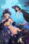  2girls armpits artist_name bad_id bad_pixiv_id bare_shoulders black_eyes black_hair blonde_hair blue_eyes blue_nails breasts bubble c_type cleavage conductor crab detached_sleeves dress dutch_angle earrings fingernails fish flat_chest hand_on_own_cheek hat headdress highres jewelry large_breasts lips long_fingernails long_hair mermaid monster_girl multiple_girls nail_polish narrow_waist navel original parted_lips pasties pearl scales seaweed shark starfish underwater 