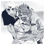  2boys akiha_gongen_(housamo) animal_ears arm_around_shoulder bandaid bandaid_on_face bandaid_on_nose bara catoblepas_(housamo) couple dithering furry furry_male hair_over_one_eye highres horns huge_eyebrows looking_at_another male_focus monochrome multiple_boys muscular muscular_male one_eye_closed open_mouth polo_shirt ponytail shirt short_hair short_sleeves single_horn smile tokyo_afterschool_summoners twitter_username upper_body wasp_(anthyutena) watch wrinkled_fabric wristwatch yaoi 