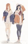  2girls baseball_cap black_hair black_thighhighs blue_eyes blue_jacket casual casual_attire_(ff14) character_name closed_mouth fanny_pack final_fantasy final_fantasy_xiv gaia_(ff14) hat high_heels highres jacket long_shirt looking_at_viewer multiple_girls off_shoulder orange_hair orange_jacket ryne_waters ship_name simple_background sleeves_past_wrists smile socks thighhighs tladpwl03 white_background white_hat white_socks zettai_ryouiki 