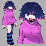  1girl absurdres alternate_hairstyle asymmetrical_legwear black_choker black_hair blastoisenn blunt_bangs breasts choker closed_mouth highres hood hoodie large_breasts multicolored_hair open_mouth panty_&amp;_stocking_with_garterbelt pink_hair purple_hoodie short_hair solo stocking_(psg) striped_clothes striped_thighhighs thighhighs 