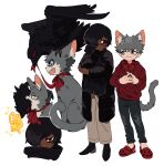  2boys :3 animal_ear_fluff animal_ears animalization bird black_coat black_hair black_pants black_scarf blue_eyes brown_eyes brown_pants cat cat_boy cat_ears cat_tail closed_mouth coat crocs crow dark-skinned_male dark_skin deviidog0 english_commentary english_text full_body grey_hair hair_over_one_eye hands_up highres hood hood_down hoodie light-skinned_palms long_sleeves looking_at_another male_focus multiple_boys neck_ribbon original own_hands_together pants rabbit+tank_form_(black_hazard) red_eyes red_footwear red_hoodie ribbon scarf short_eyebrows short_hair sound_effects standing tail very_dark_skin very_short_hair white_background 