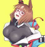  1girl animal_ears aqua_coat black_shirt breasts brown_hair coat commentary_request cropped_torso ear_ornament glasses gloves headphones headphones_around_neck highres horse_ears horse_girl large_breasts light_blush looking_at_viewer miya_nns35 open_clothes open_coat open_mouth red_eyes shirt short_hair simple_background smile solo transcend_(umamusume) umamusume upper_body yellow_background 