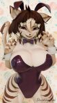 9:16 alyia_(dividebyezer0) big_breasts breasts bunny_costume claws cleavage clothed clothing costume dividebyezer0 felid feline female fur hi_res looking_at_viewer mammal multicolored_body multicolored_fur pantherine playboy_bunny solo striped_body stripes tail thick_thighs wide_hips