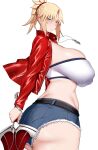  1girl arind_yudha ass bandeau belt blonde_hair blue_shorts blush braid breasts clarent_(fate) cutoffs denim denim_shorts fate/apocrypha fate/grand_order fate_(series) french_braid green_eyes highres huge_breasts jacket jewelry long_hair long_sleeves looking_at_viewer mordred_(fate) mordred_(fate/apocrypha) mordred_(memories_at_trifas)_(fate) necklace open_clothes open_jacket parted_bangs ponytail red_jacket short_shorts shorts sidelocks solo sword thighs weapon 