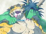  biceps big_muscles body_markings brushing brushing_teeth chinese_dragon dragon drooling duo feline fur gay green_dragon hair hug kemono licking male mammal markings morenatsu muscles open_mouth plain_background saliva suggestive tatsuki tiger tongue tongue_out toothbrush toothpaste topless torahiko torahiko_ooshima unknown_artist 