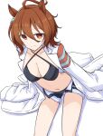  1girl adapted_costume agnes_tachyon_(lunatic_lab)_(umamusume) agnes_tachyon_(umamusume) ahoge animal_ears bikini black_bikini breasts brown_hair chemical_structure cleavage closed_mouth coat commentary_request criss-cross_halter earrings feet_out_of_frame hair_between_eyes halterneck highres horse_ears horse_girl horse_tail jewelry lab_coat large_breasts messy_hair navel open_clothes open_coat open_fly red_eyes sena_kizahashi short_hair simple_background single_earring sleeves_past_fingers sleeves_past_wrists solo swimsuit tail umamusume very_long_sleeves white_background 