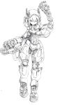  1girl absurdres android arm_up arrow_(symbol) cable dot_mouth full_body greyscale highres holding holding_weapon joints medium_hair monochrome navel original robot_girl robot_joints simple_background sketch solo traditional_media umiwashi weapon 
