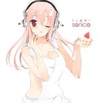  apron bad_id bad_pixiv_id blush breasts brown_eyes cake cleavage eating food food_on_body food_on_face fruit headphones large_breasts long_hair looking_at_viewer naked_apron nitroplus one_eye_closed pink_hair sexually_suggestive smile solo strawberry suggestive_fluid super_sonico tongue tongue_out upper_body whipped_cream yuuhi_homare 