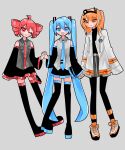  3girls a.i._voice adachi_rei ahoge black_footwear black_leggings black_shirt black_skirt black_sleeves blue_eyes blue_hair blue_necktie blue_trim boots closed_mouth collared_shirt detached_sleeves drawstring drill_hair full_body grey_background grey_shirt grey_skirt hair_ornament hair_ribbon hairclip hatsune_miku headlamp highres holding_hands jacket kasane_teto kawano_rikopin leggings long_hair long_sleeves looking_at_viewer miniskirt multiple_girls necktie one_eye_closed one_side_up open_clothes open_jacket open_mouth orange_eyes radio_antenna red_eyes red_hair red_trim ribbon shirt shoes simple_background skirt sleeveless sleeveless_shirt smile standing thigh_boots turtleneck twin_drills twintails utau very_long_hair vocaloid white_footwear white_jacket white_ribbon zettai_ryouiki 