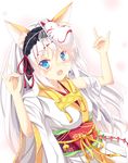  :d animal_ears bad_id bad_pixiv_id blue_eyes fang fox_ears fox_mask fox_shadow_puppet hairband highres japanese_clothes long_hair looking_at_viewer mask nibiiro_shizuka open_mouth original silver_hair smile solo suggestive_fluid white_background 