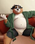 absurd_res anthro bathrobe beckoning belly big_belly bottomwear bulge canid canine canis clothed clothing digital_media_(artwork) domestic_dog father_(lore) felix_gutman fur furniture gesture hi_res looking_at_viewer male mammal molosser moobs mountain_dog navel open_clothing overweight overweight_anthro overweight_male parent_(lore) robe saint_bernard sibluself sitting sofa solo underwear