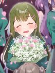  4girls ^_^ blurry blurry_background blurry_foreground blush bouquet brown_hair check_commentary closed_eyes commentary_request dakishimeru_hanabira_(love_live!) depth_of_field double-parted_bangs dress facing_viewer falling_petals flower fujishima_megumi green_dress green_hair grey_hair hair_ornament hairclip happy head_tilt highres holding holding_bouquet kyaku_tasu light_particles link!_like!_love_live! long_hair long_sleeves love_live! multicolored_hair multiple_girls oogami_sachi open_mouth otomune_kozue out_of_frame outline petals pink_flower purple_hair red_hair short_hair side_ponytail signature smile solo_focus straight_hair streaked_hair two_side_up virtual_youtuber white_flower white_outline yugiri_tsuzuri 