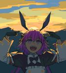  1boy animal_ears astolfo_(fate) astolfo_(saber)_(fate) b_suke black_bow black_bowtie bow bowtie cloud commentary_request fake_animal_ears fate/grand_order fate_(series) highres long_hair low_twintails male_focus mountain open_mouth otoko_no_ko pink_eyes pink_hair pointing pointing_at_self rabbit_ears smile solo sunset twintails upper_body 