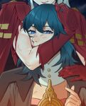  2girls arm_around_neck biceps blue_eyes blue_hair byleth_(female)_(fire_emblem) byleth_(fire_emblem) cape commentary crossed_fingers edelgard_von_hresvelg english_commentary fire_emblem fire_emblem:_three_houses flexing gloves highres multiple_girls pink_lips radiostarkiller raised_eyebrows red_cape red_gloves torn_clothes torn_sleeves white_hair yuri 