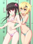  2girls :o akatsuki_kirika black_hair blonde_hair bra breasts closed_mouth eyebrows_hidden_by_hair feet_out_of_frame grabbing grabbing_another&#039;s_breast grabbing_from_behind green_eyes hair_between_eyes light_blush locker locker_room medium_breasts multiple_girls navel open_mouth panties pink_eyes pink_ribbon ribbon senki_zesshou_symphogear short_hair small_breasts smile stomach striped_bra striped_clothes striped_panties tsukuyomi_shirabe twintails underwear underwear_only zetsumu 