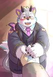 absurd_res anthro belphegor_(tas) belt blush bottomwear clawed_fingers clothing demon duo eyebrows first_person_view fur grey_body grey_fur hand_holding hi_res horn human lifewonders male mammal necktie overweight reddo12340 shorts smile suit thick_eyebrows tokyo_afterschool_summoners yellow_eyes