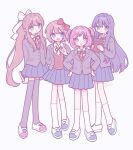  4girls arms_behind_back black_thighhighs blue_eyes blue_footwear blue_hair blue_skirt book bow brown_hair brown_sweater_vest closed_mouth collared_shirt doki_doki_literature_club full_body green_eyes grey_jacket hair_bow hair_ornament hairclip hands_on_own_hips highres holding holding_book jacket long_hair long_sleeves monika_(doki_doki_literature_club) multiple_girls natsuki_(doki_doki_literature_club) neck_ribbon nicogoly open_mouth parted_lips pink_eyes pink_hair pleated_skirt pointing ponytail red_bow red_footwear red_ribbon ribbon sayori_(doki_doki_literature_club) school_uniform shirt short_hair short_twintails sidelocks skirt smile socks sweater_vest thighhighs twintails two-tone_footwear white_background white_bow white_footwear white_shirt white_socks yuri_(doki_doki_literature_club) 