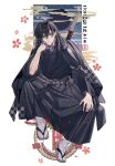  1boy animal_ears bead_necklace beads black_eyes black_footwear black_hair black_hakama black_shirt full_body geta hair_between_eyes hakama head_on_hand highres inuyasha inuyasha_(character) japanese_clothes jewelry katana long_hair looking_at_viewer male_focus motobi_(mtb_umk) necklace new_moon sandals shirt sidelocks socks solo sword tetsusaiga tooth_necklace weapon weapon_on_back white_socks 