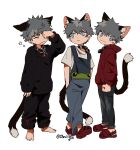  1boy :3 animal_collar animal_ear_fluff animal_ears artist_name baggy_clothes baggy_pants black_collar black_pants blue_eyes blue_overalls cat_ears cat_tail closed_eyes closed_mouth collar commentary crocs deviidog0 ears_down full_body hand_up hands_in_pockets highres hood hood_down hoodie long_sleeves looking_at_viewer male_focus multiple_views original overalls pants red_footwear red_hoodie rubbing_eyes shirt short_eyebrows simple_background sleepy sleeves_past_wrists squeans symbol-only_commentary tail twitter_username walking white_background white_shirt 