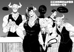  1girl 4boys arm_around_shoulder black_bow black_bowtie black_sclera bow bowtie collarbone colored_sclera demon_boy demon_horns demon_tail demon_wings facial_hair facing_viewer fauxhawk goatee grin hair_over_eyes hand_on_own_hip heterochromia highres horns locksuke long_hair looking_at_viewer looking_to_the_side monochrome multiple_boys muscular muscular_male necktie original pectoral_cleavage pectorals pointy_ears reverse_trap short_hair smile tail veins veiny_hands vest waiter wings 