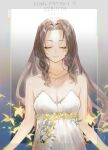  1girl aerith_gainsborough aerith_gainsborough_(white_floral_dress) arms_at_sides bare_arms bare_shoulders breasts brown_hair cleavage closed_eyes closed_mouth dated dress dress_flower final_fantasy final_fantasy_vii final_fantasy_vii_rebirth final_fantasy_vii_remake flower gold_trim highres long_hair medium_breasts multiple_necklaces official_alternate_costume parted_bangs rose sidelocks smile solo strapless strapless_dress talesofmea upper_body wavy_hair yellow_flower yellow_rose 