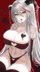  1girl absurdres aegir_(azur_lane) azur_lane bare_shoulders black_horns blush breasts candy chocolate chocolate_on_hand cleavage elbow_gloves food food_on_hand gloves groin hair_between_eyes hair_on_horn heart heart-shaped_chocolate heart_bra heart_panties heart_print highres horns huge_breasts kaki_z3 multicolored_hair navel open_mouth panties print_panties red_background red_gloves red_hair red_panties red_thighhighs simple_background skindentation slit_pupils solo stomach streaked_hair thighhighs tongue tongue_out underwear white_hair yellow_eyes 