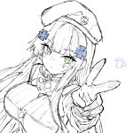  absurdres beret blush breasts cross_hair_ornament expressionless girls&#039;_frontline goggles green_eyes hair_ornament hat highres hk416_(girls&#039;_frontline) open_mouth r_scrubed simple_background v white_background 