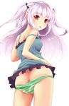  ass bad_id bad_pixiv_id bare_shoulders camisole copyright_request fang from_below highres long_hair misashi_(raichi821) no_pants open_mouth panties panty_pull purple_hair red_eyes solo strap_slip striped striped_panties two_side_up underwear 