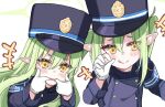  +++ 2girls :q armband blue_archive blue_armband blue_hat blue_jacket finger_in_own_mouth gloves green_hair hat hikari_(blue_archive) jacket long_hair long_sleeves mouth_pull multiple_girls nozomi_(blue_archive) open_mouth peaked_cap pointy_ears sacha short_eyebrows siblings sidelocks sisters tongue tongue_out twins twintails white_background white_gloves yellow_eyes 