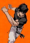  1boy absurdres bandaid bandaid_on_face black_hair black_shirt clenched_hand commentary_request cowboy_shot fushiguro_touji highres incoming_attack jujutsu_kaisen looking_to_the_side male_focus max801115 muscular orange_background pants shirt short_hair simple_background solo t-shirt twitter_username white_pants 