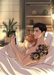  2boys arm_tattoo artist_name bed_sheet black_eyes black_hair brown_hair cellphone closed_eyes closed_mouth collarbone doosshaa hand_on_another&#039;s_head highres indoors jinx_(manhwa) joo_jaekyung kim_dan male_focus motion_lines multiple_boys nude official_style on_bed parted_lips phone shirt short_hair sleeping smartphone tattoo teeth upper_body white_shirt yaoi 