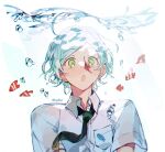  1boy air_bubble blue_hair bubble collared_shirt ensemble_stars! green_eyes green_necktie male_focus necktie open_mouth sapphire_(nine) shinkai_kanata shirt short_hair short_sleeves simple_background solo tropical_fish underwater upper_body white_background white_shirt 