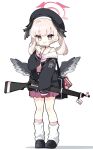  1girl @_@ baggy_socks beret black_bag black_footwear black_shirt black_wings blue_archive blush bolt_action book chibi closed_mouth commentary content_rating feathered_wings gun halo hat head_wings highres holding holding_weapon koharu_(blue_archive) konori_(ahurerukuiizi) long_sleeves looking_at_viewer low_wings miniskirt neckerchief p14_enfield pink_eyes pink_hair pink_halo pink_neckerchief pleated_skirt puffy_long_sleeves puffy_sleeves red_skirt rifle sailor_collar shirt simple_background single_bare_shoulder skirt socks solo spaghetti_strap standing symbol-only_commentary twintails weapon white_background white_sailor_collar white_socks winged_halo wings 