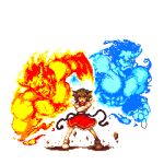  1girl 2boys brown_hair cat_tail chen commentary_request full_body kenpfar long_sleeves lowres multiple_boys multiple_tails muscular muscular_male oni pixel_art short_hair simple_background standing tail touhou two_tails white_background 