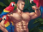  1boy abs animal animal_on_shoulder arm_hair bara bird black_hair chest_hair closed_mouth facial_hair golden_kamuy large_pectorals long_sideburns male_focus mature_male muscular muscular_male navel nipples nopinzo parrot pectorals scar scar_on_cheek scar_on_face short_hair sideburns tanigaki_genjirou 