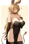  1girl alternate_costume animal_ears arknights bare_shoulders black_gloves black_thighhighs blonde_hair breasts bridal_gauntlets cleavage commentary cowboy_shot dorothy_(arknights) elbow_gloves fangs_(fangs_art) gloves groin hair_intakes highres large_breasts long_hair looking_at_viewer pelvic_curtain solo standing tail thighhighs thighs very_long_hair yellow_background yellow_eyes 