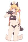  1girl absurdres animal_ears aoi_tori arm_behind_back bare_legs barefoot blonde_hair blush blush_stickers bra breasts brown_bra brown_panties cat_cutout cat_ear_panties cat_lingerie chieri-chan_(aoi_tori) cleavage cleavage_cutout clothing_cutout commentary fake_animal_ears full_body hand_up highres kneeling long_hair looking_at_viewer meme_attire navel orange_eyes original panties simple_background solo stomach tail toes tongue tongue_out twintails underwear white_background 