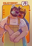  2boys absurdres artist_request bara couple cowboy_shot dog_mask heart highres hug hug_from_behind male_focus multiple_boys muscular muscular_male musical_note original short_hair spoken_musical_note standing thick_eyebrows yaoi yellow_overalls 
