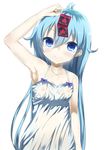  arm_up armpits blue_eyes blue_hair blush breasts condom denpa_onna_to_seishun_otoko dress highres long_hair muunyan_(yumenekoya) nipples see-through small_breasts smile solo touwa_erio wet wet_clothes 