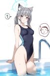 1girl animal_ear_fluff animal_ears ateoyh blue_archive blue_eyes breasts competition_swimsuit covered_navel covered_nipples extra_ears grey_hair hair_ornament halo highres official_alternate_costume one-piece_swimsuit pussy shiroko_(blue_archive) shiroko_(swimsuit)_(blue_archive) small_breasts swimsuit thighs uncensored wet wolf_ears 