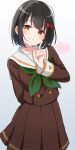  1girl absurdres arm_behind_back black_hair bow brown_eyes brown_shirt brown_skirt cowboy_shot dot_nose finger_to_cheek green_neckerchief hair_bow head_tilt heart hibike!_euphonium highres hisaishi_kanade index_finger_raised kitauji_high_school_uniform long_sleeves looking_at_viewer medium_skirt neckerchief ogura_(sao_no) red_bow sailor_collar school_uniform shirt short_hair simple_background skirt smile solo standing tareme white_background 